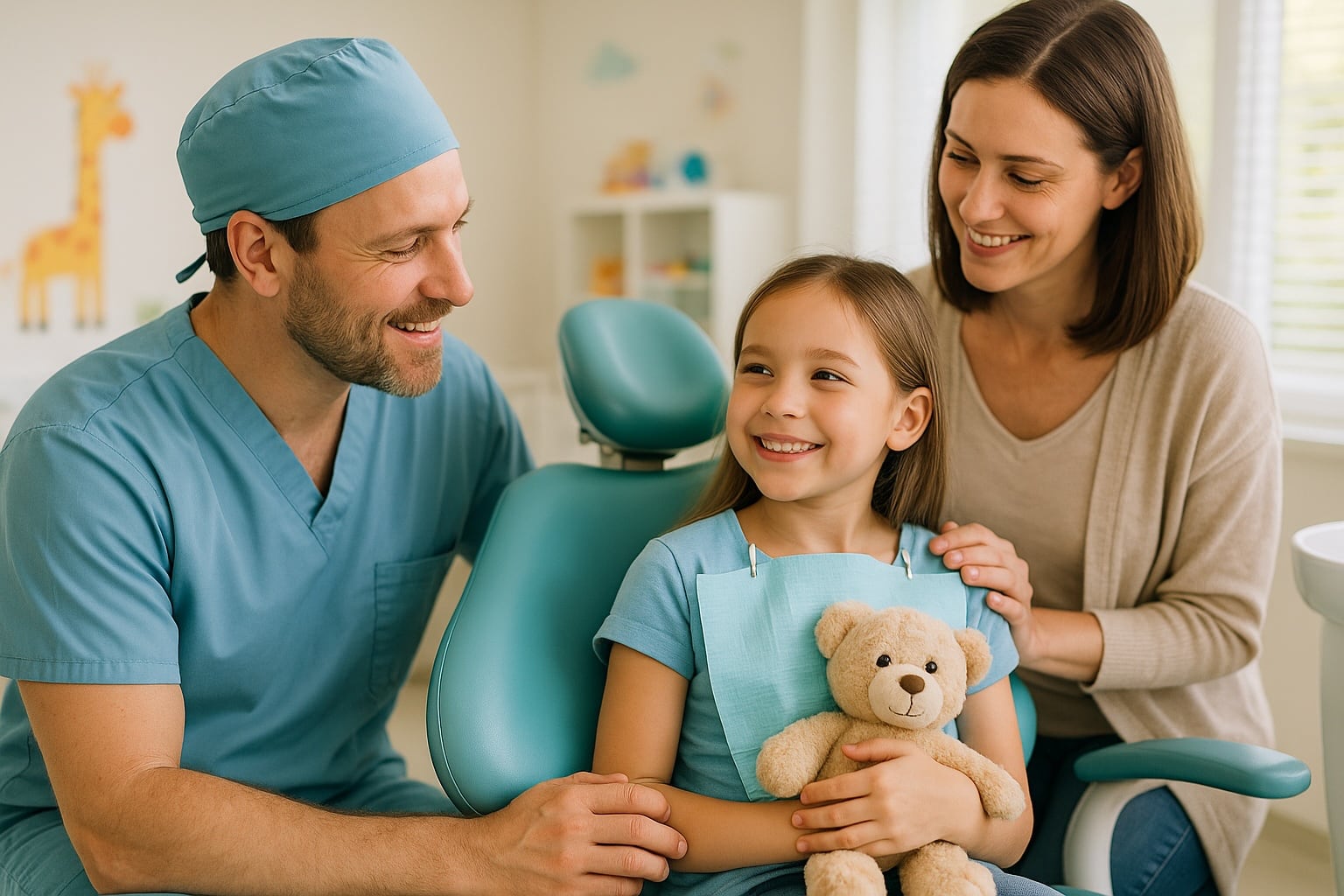 Happy child and parent about to have dental procedure.